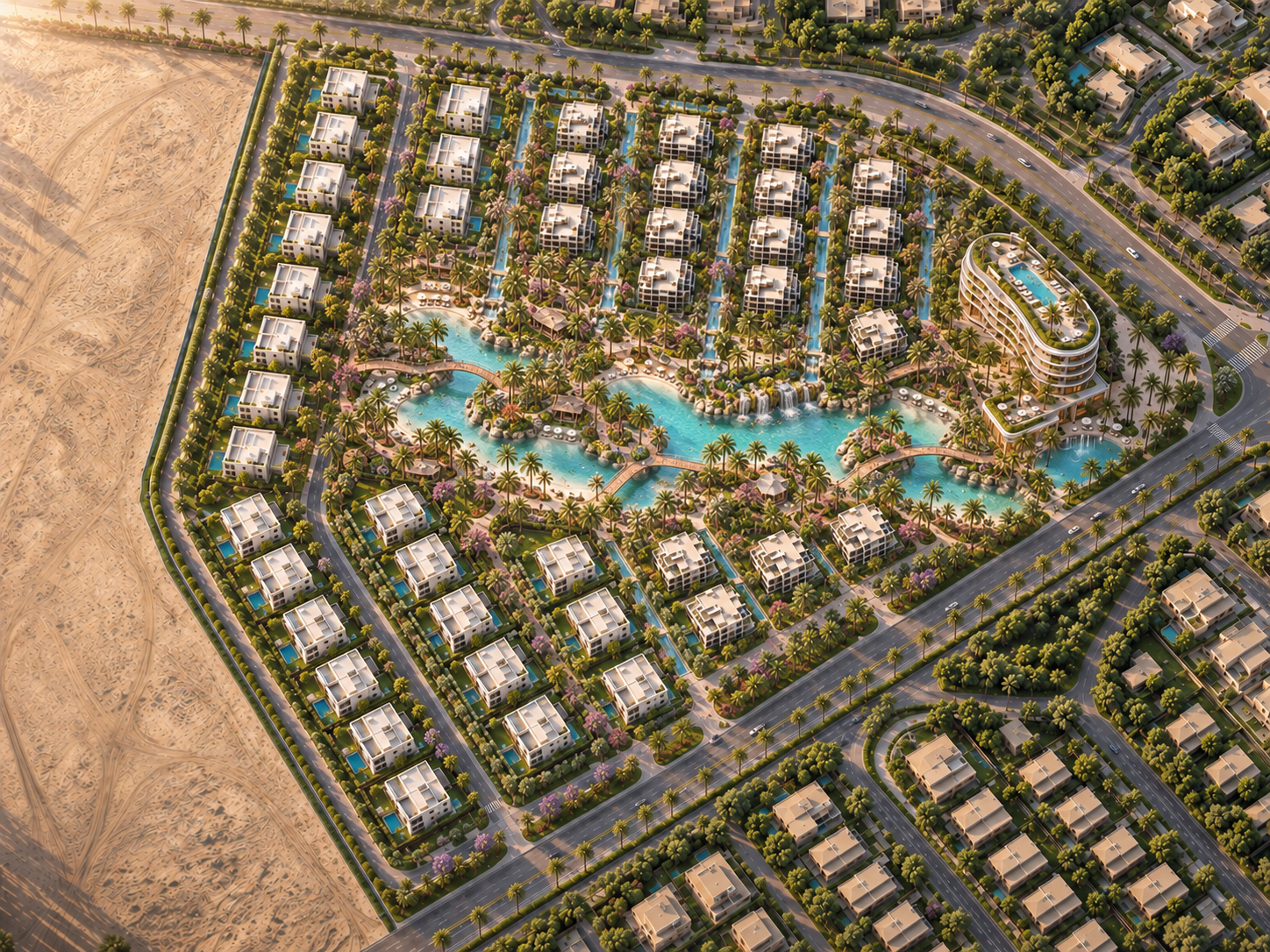 Aerial view of a residential resort masterplan with villas around a winding turquoise lagoon, waterfalls, palm-lined gardens and a curved hotel building.