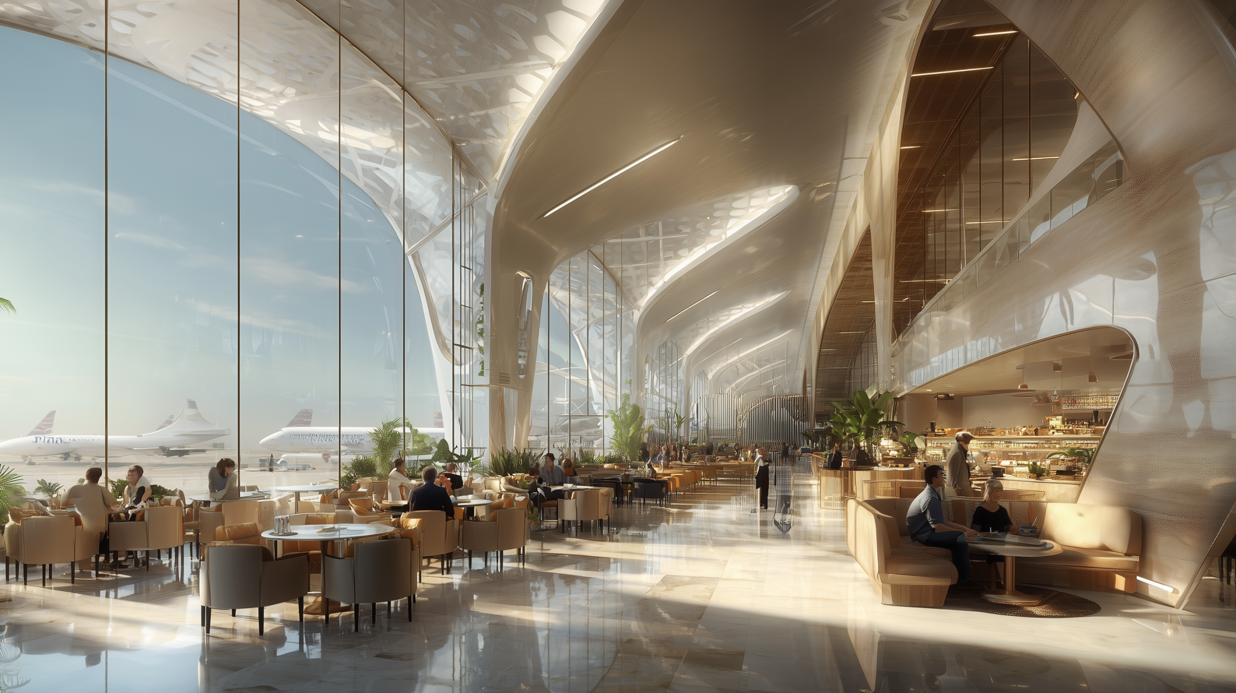 Bright airport terminal interior with a sweeping curved roof, full-height glazing overlooking aircraft, and a café seating area with travellers.